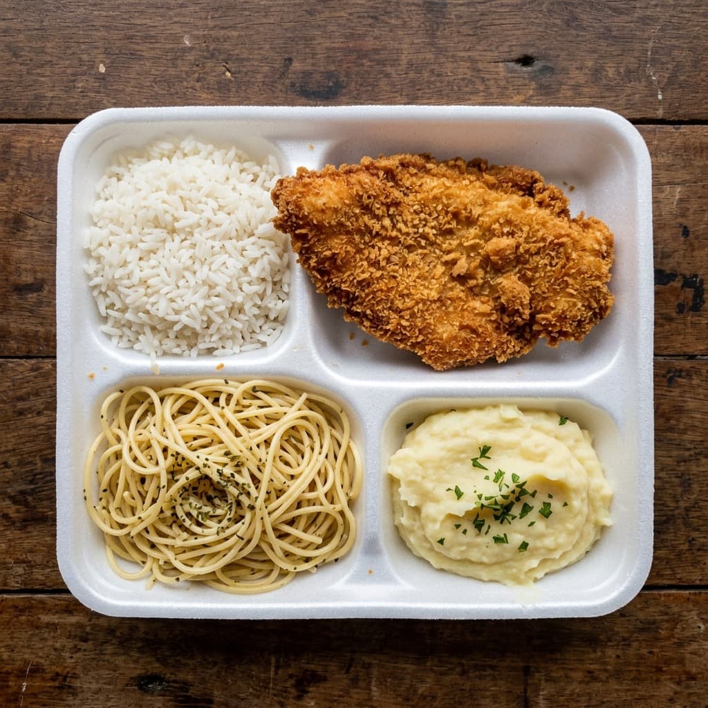 Frango Empanado — Arroz, Espaguete e Purê